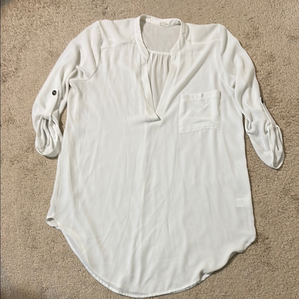 Lush Cream Cuffed Sleeve Blouse with Mandarin Collar